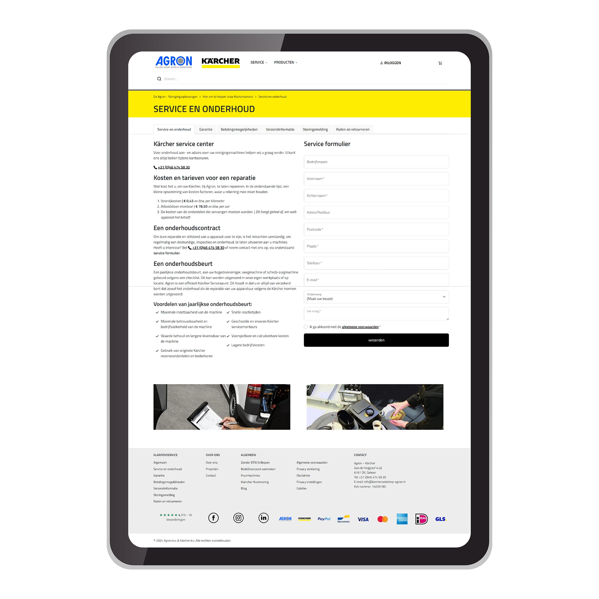 Naast verkoop bieden we gedetailleerde pagina’s voor verhuur, onderhoud en installatie. Klanten kunnen verhuuropties vergelijken, service plannen en handleidingen raadplegen. Dankzij de ERP-koppeling blijven updates en beschikbaarheid actueel.